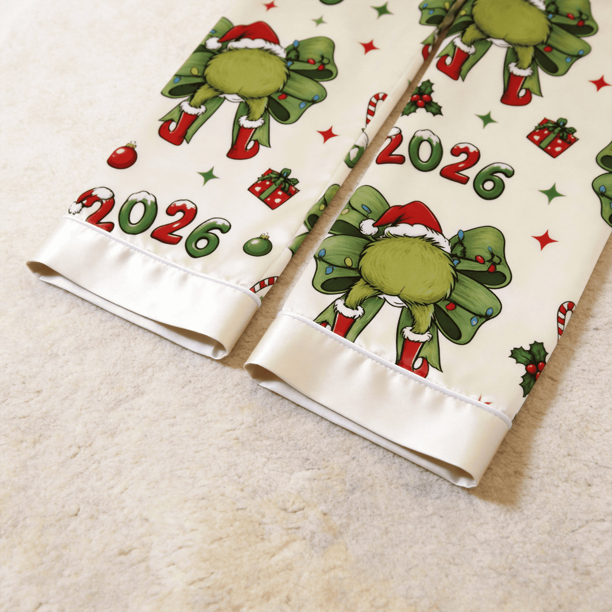 2026 Green Bow & Santa Hat Print Satin Button-Up Family Christmas Pajamas Set