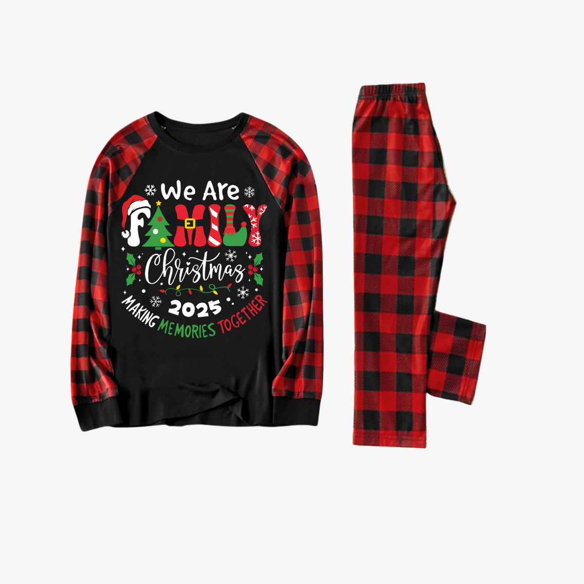 "We are Family 2025 Christmas Make Memories Together" Slogan Print Black & Red Plaid Family Matching Black Pajamas