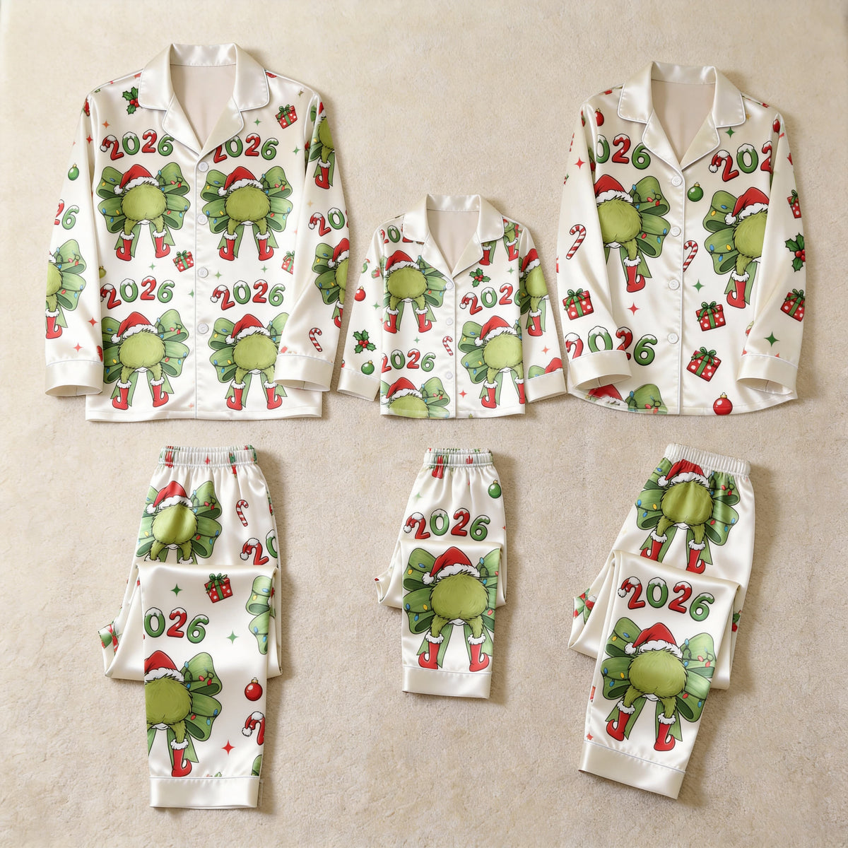2026 Green Bow & Santa Hat Print Satin Button-Up Family Christmas Pajamas Set