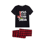 Jesus is the Reason Family Pajamas Set - Black Top Red Pants Red Plaid Sleeves Candy Cane and Holly Print