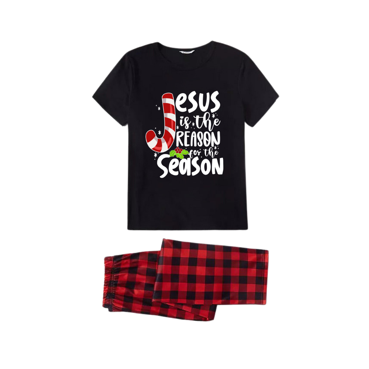 Jesus is the Reason Family Pajamas Set - Black Top Red Pants Red Plaid Sleeves Candy Cane and Holly Print