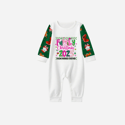 "Family Christmas 2025" Faux Glitter Green Raglan Sleeves and Green Joyful Pants Christmas Pajamas Set