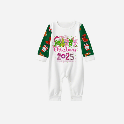 Merry Christmas 2025 Family Christmas Pajamas Set - White Top with Green Sleeves and Christmas Print Pants