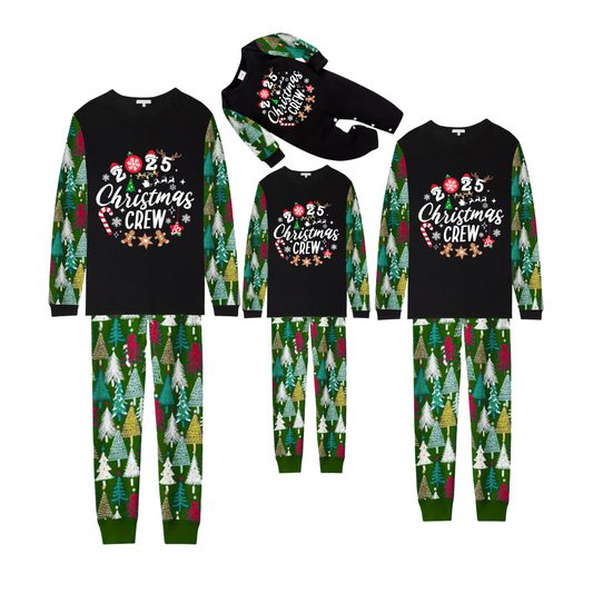Christmas Crew 2025 Family Pajamas Set - Black Top, Green Pants, Christmas Tree Print Sleeves, Gingerbread Candy Print