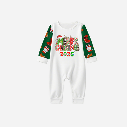 Merry Christmas 2025 Family Christmas Pajamas Set - White Top with Green Sleeves and Christmas Printed Pants