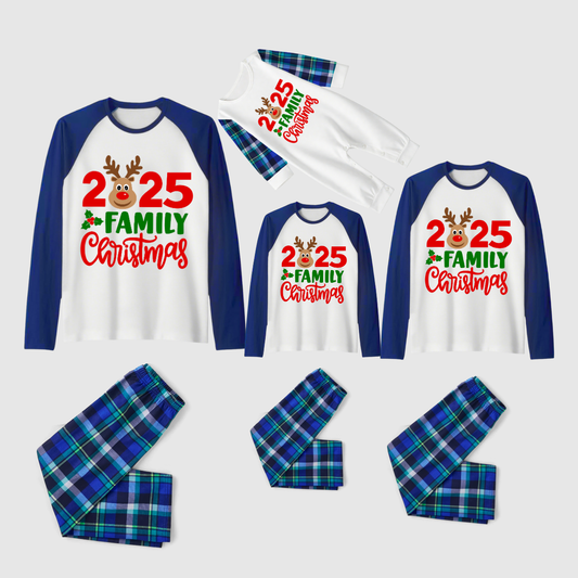 2025 Blue Plaid Reindeer Family Christmas Pajamas Set -White Top