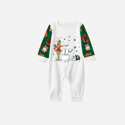 Joyful Green Raglan Top Christmas Pajamas Set With Snowman and Christmas Grinch Print