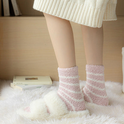 Cozy Winter Striped Women's Socks Thick, Non-Shedding Coral Fleece For Warmth, Leisure, And Sleep