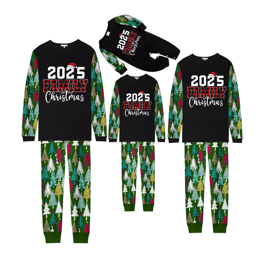 2025 Family Christmas Family Pajamas Set - Black Top, Green Pants, Christmas Tree Print Sleeves, Letter Print