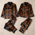 Pumpkin Print Black Satin Matching Pajamas for Couples ¨C Long Sleeve Button-Down Top & Pants Sleepwear Set