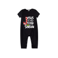 Jesus is the Reason Family Pajamas Set - Black Top Red Pants Red Plaid Sleeves Candy Cane and Holly Print