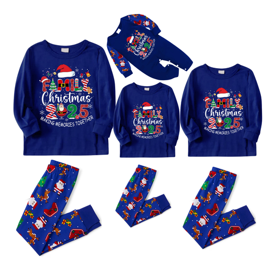 Cozy Blue Christmas Pajamas Set With "Family Christmas 2025 Making Memories Together" Text Print