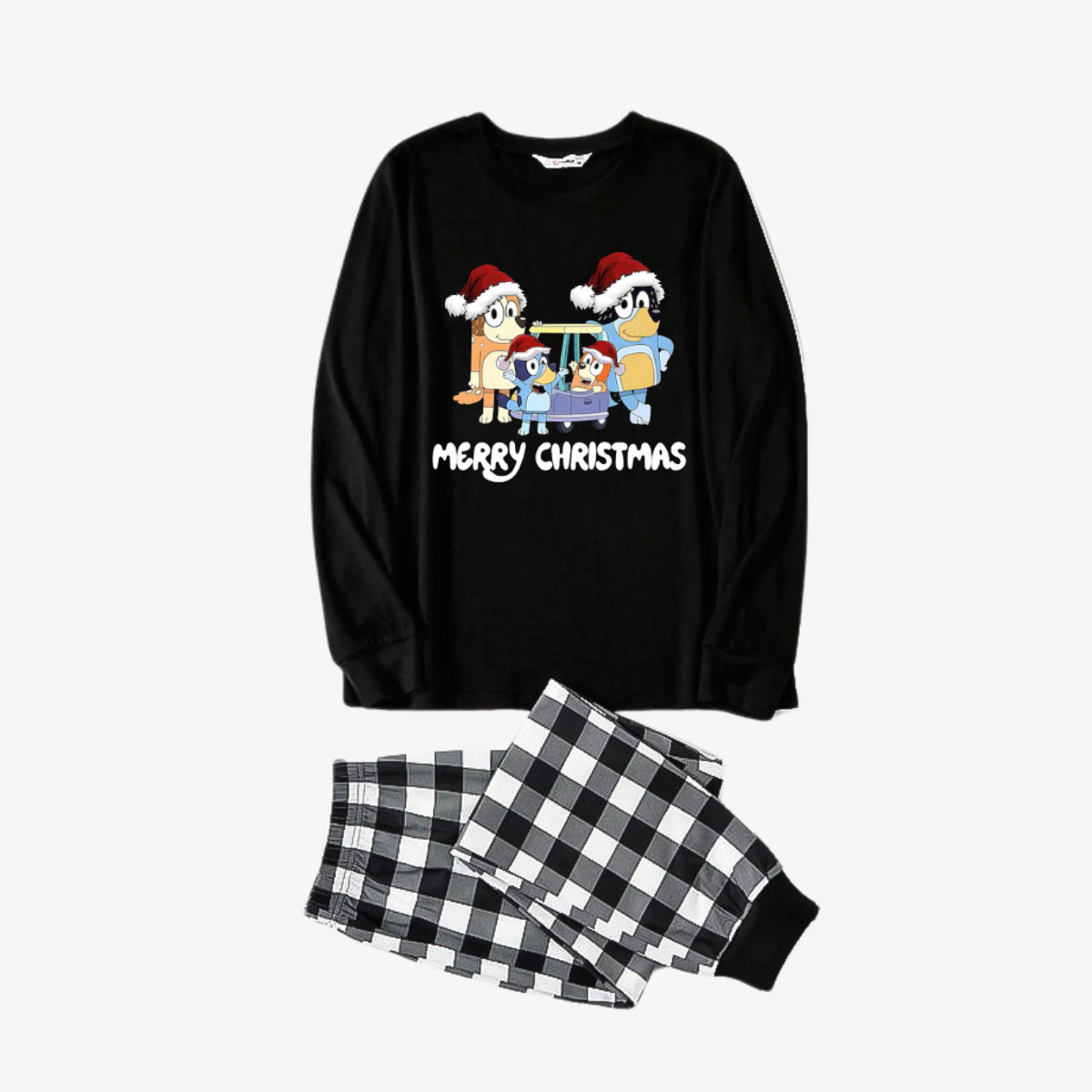 Bluey Character "Merry Christmas" Design Black&White Plaid Pants Family Matching Pajama Set