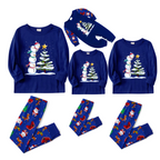 Cozy Blue Christmas Pajamas Set with Snowman & Christmas Tree Print