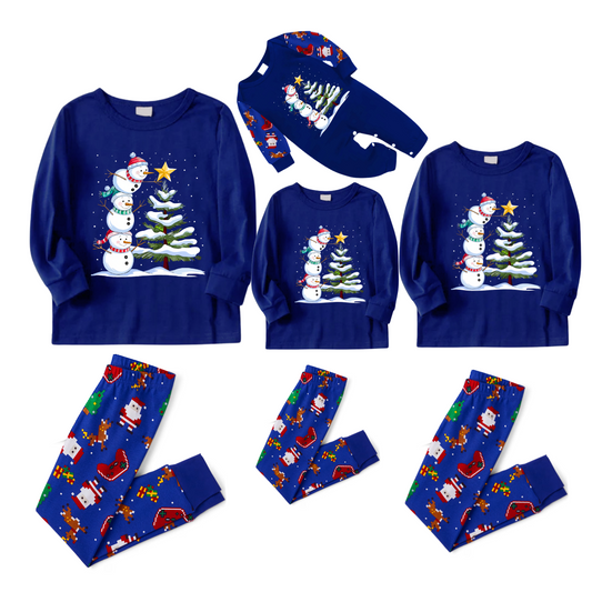 Cozy Blue Christmas Pajamas Set with Snowman & Christmas Tree Print