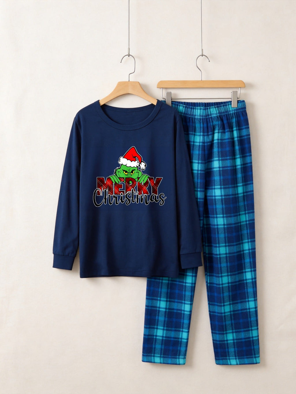 "Merry Christmas" Letter Print 2026 Green Elf Cartoon Pattern Blue Long Sleeve Top With Blue Plaid Family Matching Pajamas