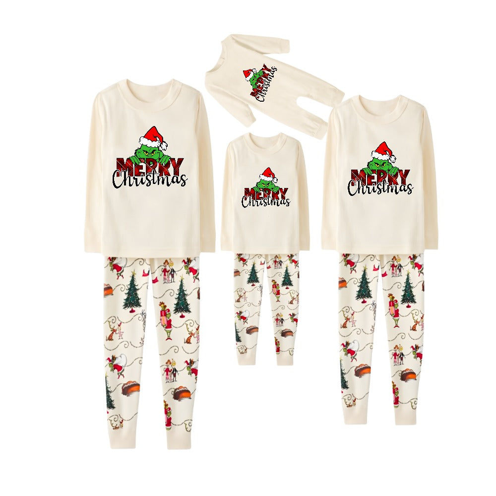 Beige Christmas Pattern Print Christmas Pajamas Set With Grinch and Merry Christmas Print