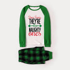 'Dear Santa They Are The Naughty One' Letter Print Casual Long Sleeve Sweatshirts Green Contrast Tops and Black and Green Plaid Pants  Family Matching Raglan Long-sleeve Pajamas Sets With Dog Bandana