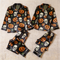 Pumpkin and Skull Print Satin Matching Pajamas for Couples ¨C Long Sleeve Button-Down Top & Pants Sleepwear Set