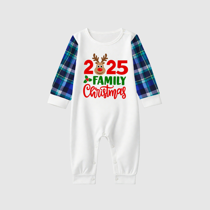 2025 Blue Plaid Reindeer Family Christmas Pajamas Set -White Top