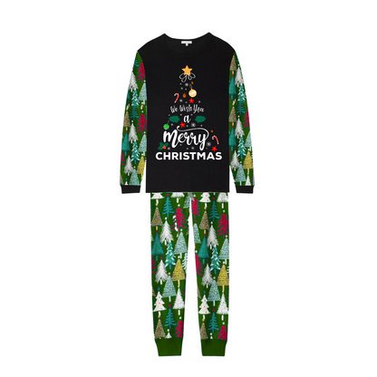 We Wish You a Merry Christmas Family Pajamas Set - Black Top / Christmas Tree Print Green Pants / Christmas Tree Print Sleeves