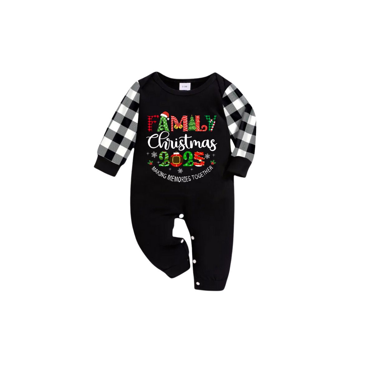 Making Memories Together Family Christmas 2025 Pajamas Set - Black Top Black and White Plaid Pants Colorful Christmas Graphic