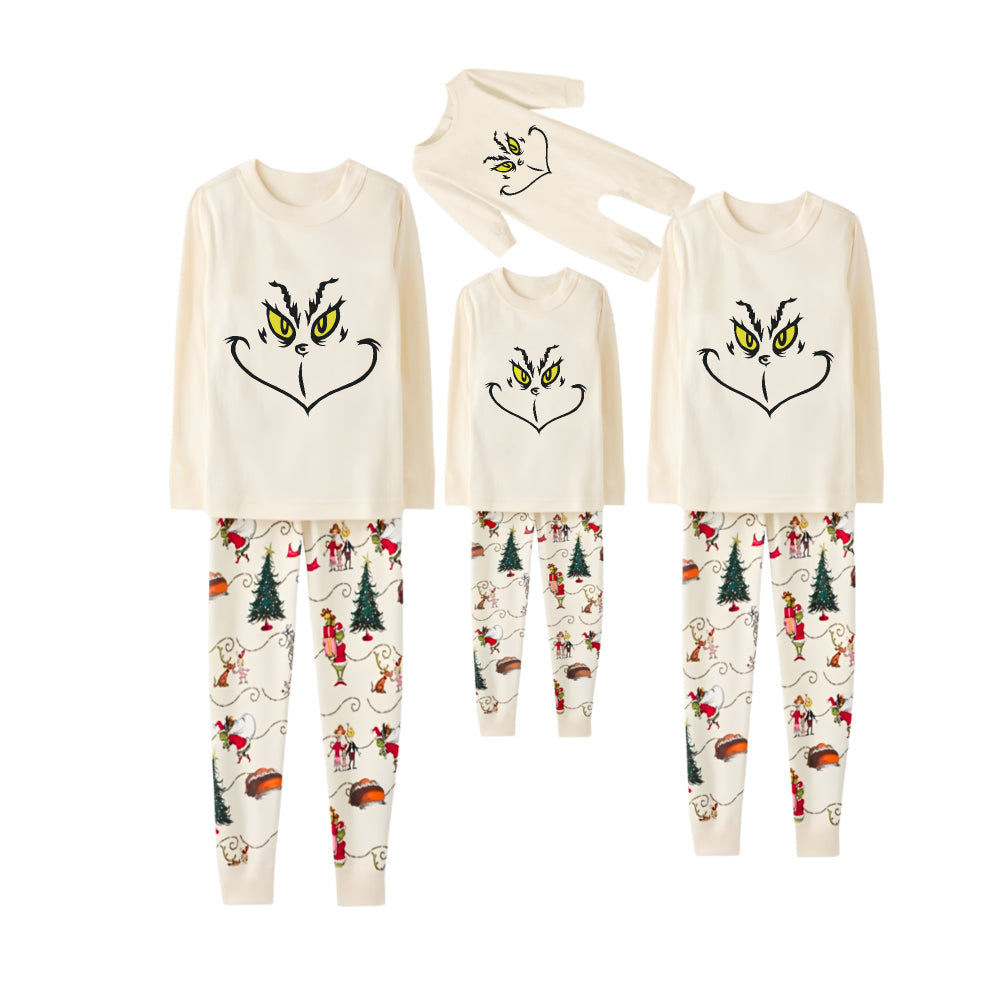 Beige Christmas Pattern Print Christmas Pajamas Set With Cute Grinch Face Print
