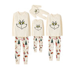 Beige Christmas Pattern Print Christmas Pajamas Set With Cute Grinch Face Print