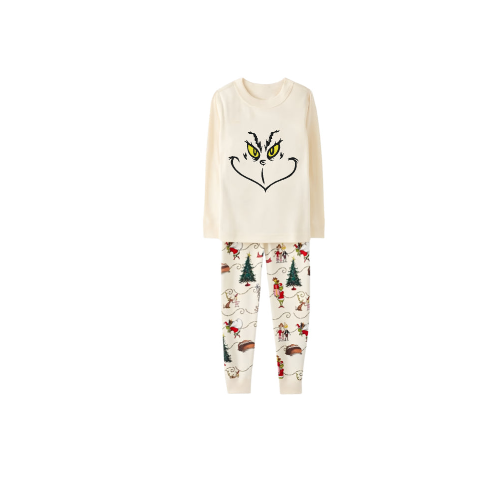Beige Christmas Pattern Print Christmas Pajamas Set With Cute Grinch Face Print