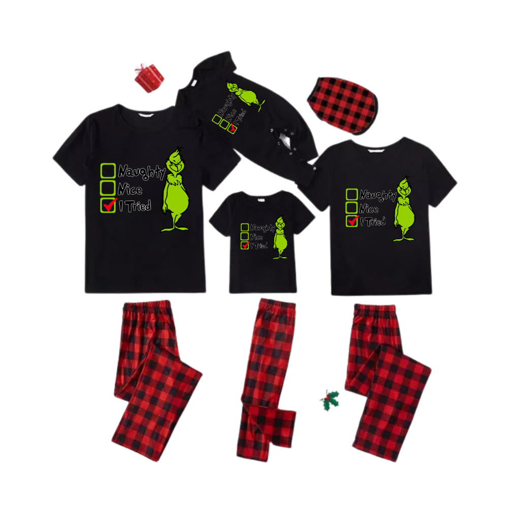 Naughty Nice I Tried Family Pajamas Set - Black Top Red Pants Red Plaid Sleeves Grinch Checklist Print