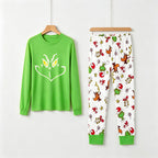 Grinch Evil Smile Face Family Christmas Pajamas Set with Green Top and Print Pants