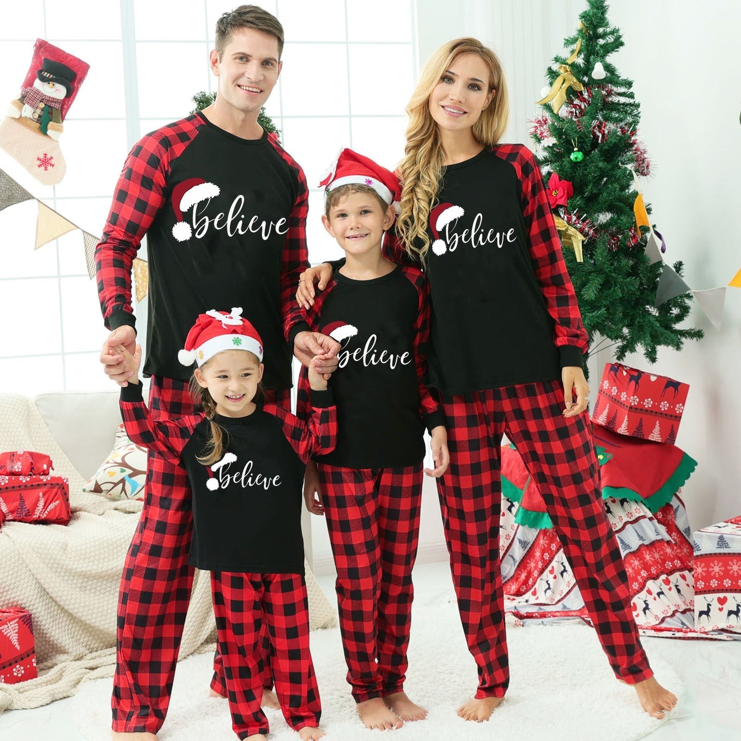 Christmas Hat and 'Believe“ Letter Print Patterned Contrast Black top and Black & Red Plaid Pants Family Matching Pajamas Set