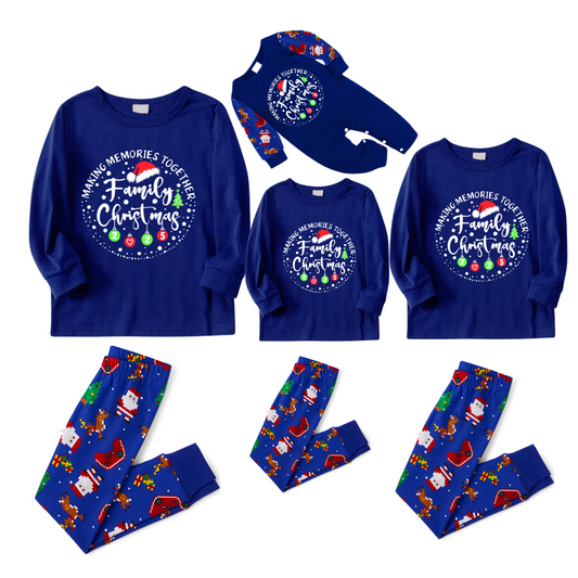 Making Memories Together Family Christmas 2025 Family Pajamas Set - Blue Top, Blue Pants, Blue Christmas Cartoon Sleeves
