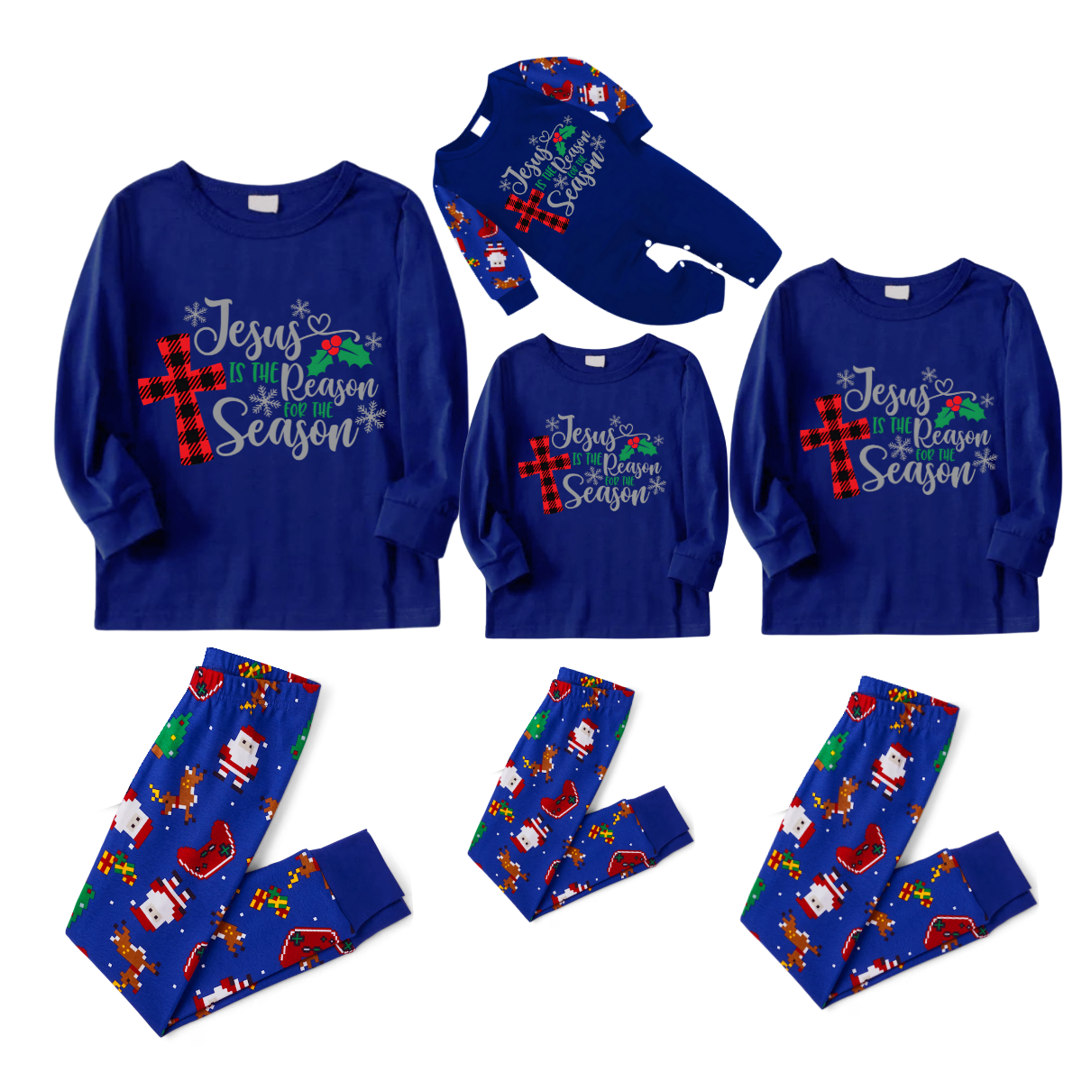 Matching Family Christmas Pajamas Jesus Is the Reason, Blue with Santa Pattern