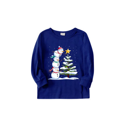 Cozy Blue Christmas Pajamas Set with Snowman & Christmas Tree Print