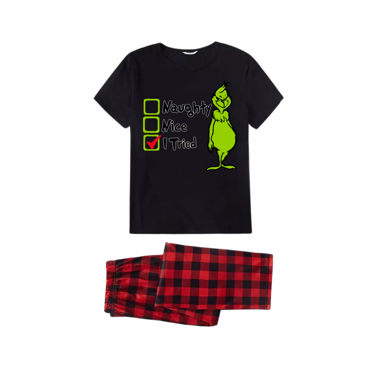 Naughty Nice I Tried Family Pajamas Set - Black Top Red Pants Red Plaid Sleeves Grinch Checklist Print