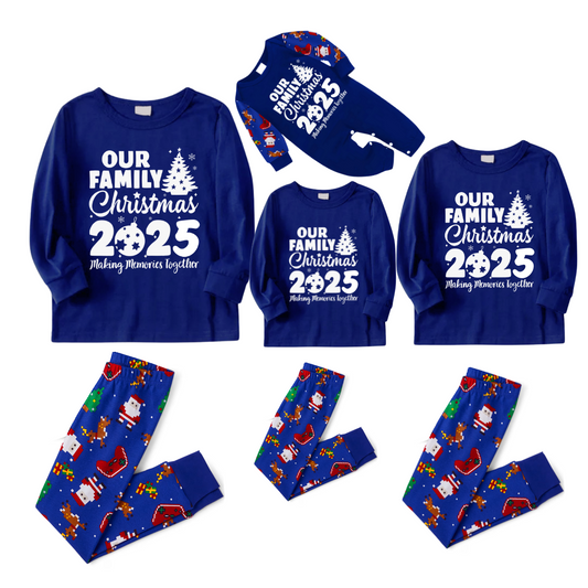 2025 Our Family Christmas Matching Pajamas - Blue with Santa Pattern