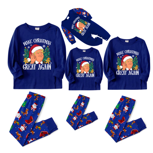 Christmas Cartoon Trump Make Christmas Great Again Family Pajamas Set - Blue Top, Blue Pants, Santa Pattern