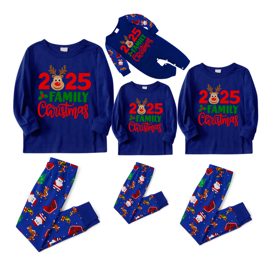2025 Reindeer Family Christmas Family Pajamas Set - Blue Top / Blue Santa Print Pants / Blue Santa Print Sleeves