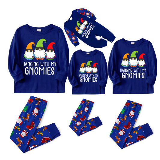 Hanging With My Gnomies Christmas 2025 Family Pajamas Set - Blue Top, Blue Pants, Blue Christmas Cartoon Sleeves