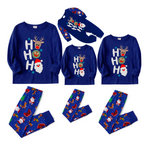 HO HO HO Christmas Pajama Set in Blue with Santa, Reindeer, and Gingerbread