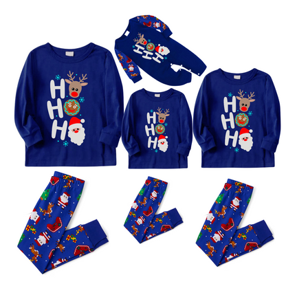 HO HO HO Christmas Pajama Set in Blue with Santa, Reindeer, and Gingerbread
