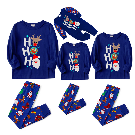 HO HO HO Christmas Pajama Set in Blue with Santa, Reindeer, and Gingerbread