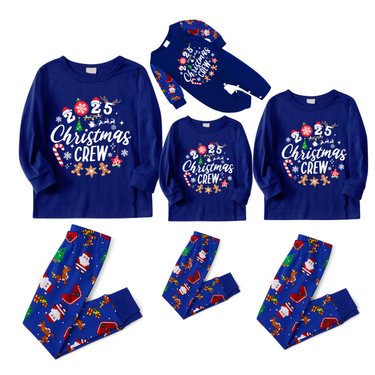 Christmas Crew 2025 Family Pajamas Set - Blue Top, Blue Pants, Blue Christmas Cartoon Sleeves, Gingerbread Candy Print