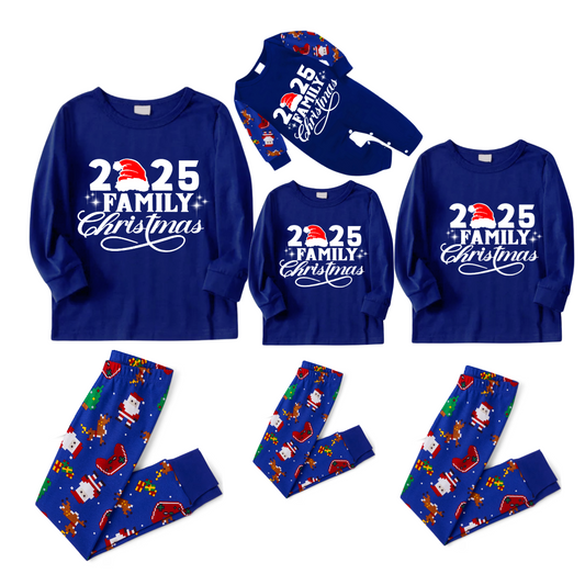 Christmas 2025 Santa Print Family Matching Family Pajamas Set - Blue Top, Blue Pants, Santa Pattern