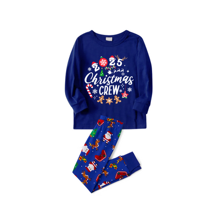 Christmas Crew 2025 Family Pajamas Set - Blue Top, Blue Pants, Blue Christmas Cartoon Sleeves, Gingerbread Candy Print