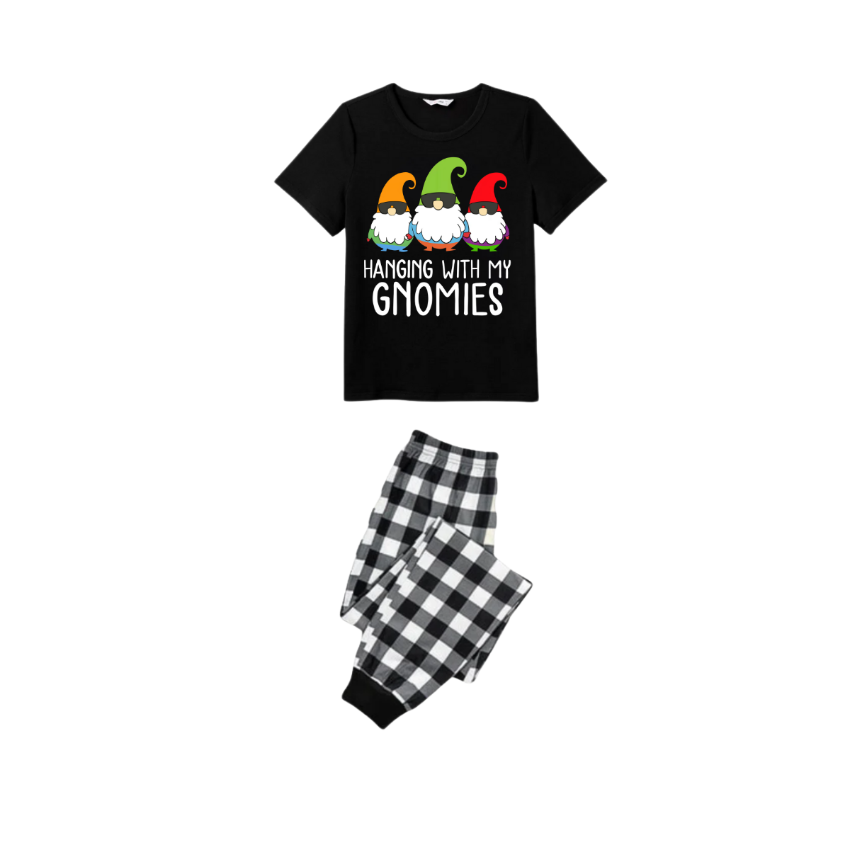 Hanging With My Gnomies Family Christmas Pajamas Set - Black Top Black and White Plaid Pants Colorful Gnomes Graphic