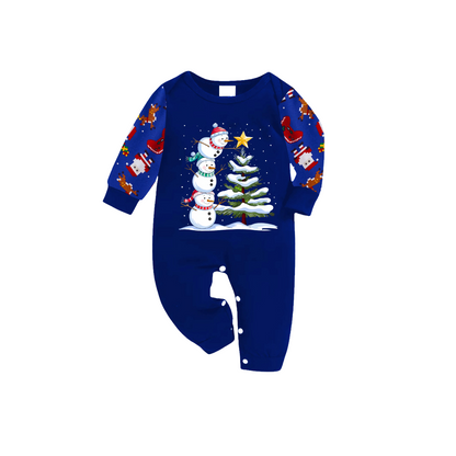 Cozy Blue Christmas Pajamas Set with Snowman & Christmas Tree Print