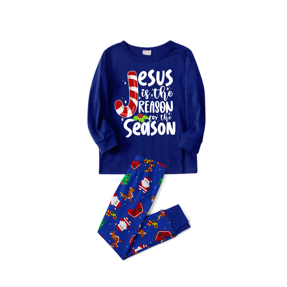Blue Christmas Pajama Set with Santa, Gingerbread, and Candy Cane Design