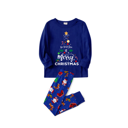 We Wish You a Merry Christmas Family Pajamas Set - Blue Top / Santa and Reindeer Print Blue Pants / Matching Blue Sleeves